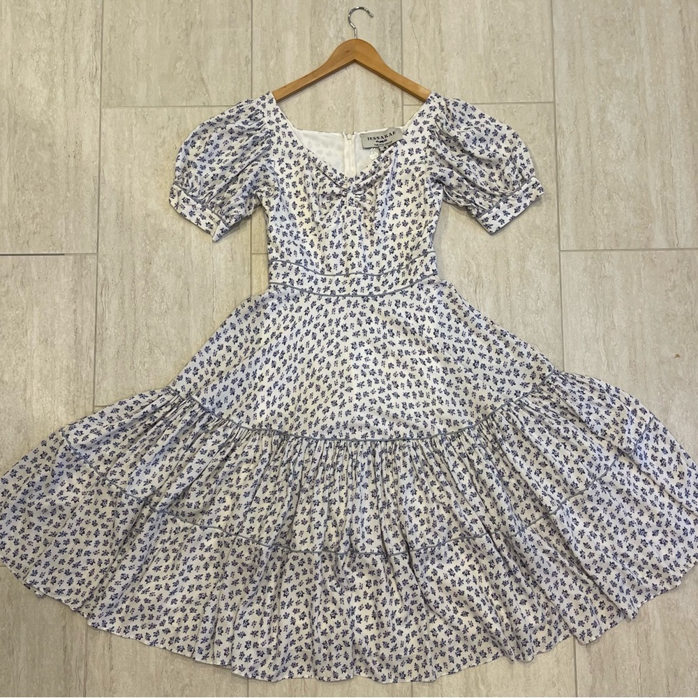 NWT JessaKae Darla White and Blue Floral Puff Sleeve Women’s Dress Small
